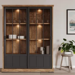 Ygo Barkast TOLUCA Old teak/Zwart B143| Vitrinekasten