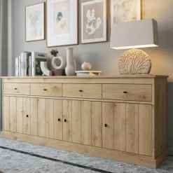 Ygo Eetkamer CASTELLO: Dressoir + Vitrinekast + Eettafel 210x98 + 4x Stoelen BARKER Natural| Woon- En Eetkamers