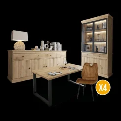 Ygo Eetkamer CASTELLO: Dressoir + Vitrinekast + Eettafel 180x98 + 4x Stoelen TOMASO Micro Cognac| Woon- En Eetkamers