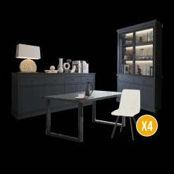 Ygo Eetkamer CASTELLO: Dressoir + Vitrinekast + Tafel 180x98 + 4X stoelen ERVI Cream| Woon- En Eetkamers
