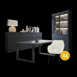 Ygo Eetkamer CASTELLO: Dressoir + Vitrinekast + Tafel 210x98 + 4X stoelen BAVO Bouclé| Woon- En Eetkamers