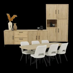 Ygo Eetkamer JAKARTA: Dressoir + Barkast + Tafel 225x100 + 4x stoelen ALICIA Touch Pearl| Woon- En Eetkamers