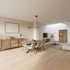 Ygo Eetkamer JAKARTA: Dressoir + Barkast + Tafel 225x100 + 4x stoelen ALICIA Touch Pearl| Woon- En Eetkamers