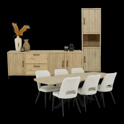 Ygo Eetkamer JAKARTA: Dressoir + Barkast smal + Tafel 225x100 + 4x stoelen ALICIA Touch Pearl| Woon- En Eetkamers