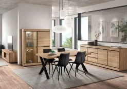 Ygo Eetkamer MACOUN: Dressoir + Glaskast + ABBEY Tafel + 4 stoelen LORRY zwart| Woon- En Eetkamers
