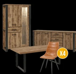 Ygo Eetkamer MADAGASCAR: Dressoir + Glaskast + Tafel 200x100 + 4 stoelen LORRY Cognac| Woon- En Eetkamers