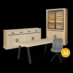Ygo Eetkamer TEODOR: Dressoir + Vitrinekast + Eettafel ABBEY 200x100 + 4x stoelen INDIGO Mouse Grey| Woon- En Eetkamers