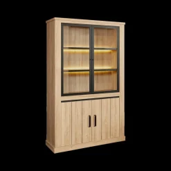 Ygo Eetkamer TEODOR: Dressoir + Vitrinekast + Eettafel ABBEY 200x100 + 4x stoelen INDIGO Mouse Grey| Woon- En Eetkamers
