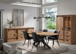 Ygo Eetkamer VERDUN: Dressoir + Combikast + Tafel Ovaal 230x120 + 4 stoelen LISSONI PU Zwart| Woon- En Eetkamers