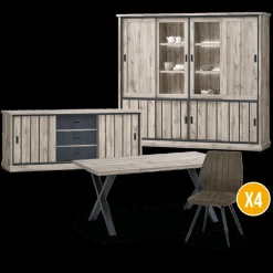 Ygo Eetkamer VIENNA: Dressoir + Glaskast B238 + Tafel 190x95 + 4x Stoel DIEGO Bruin| Woon- En Eetkamers
