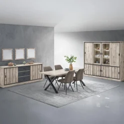 Ygo Eetkamer VIENNA: Dressoir + Glaskast B238 + Tafel 190x95 + 4x Stoel DIEGO Bruin| Woon- En Eetkamers