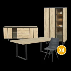 Ygo Eetkamer VIKTOR: Dressoir + Glaskast + Eettafel ABBEY 200x100 + 4x Stoelen LORRY Zwart| Woon- En Eetkamers