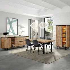 Ygo Eetkamer VIKTOR: Dressoir + Glaskast + Eettafel ABBEY 200x100 + 4x Stoelen LORRY Zwart| Woon- En Eetkamers