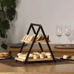 Ygo Etagère APRIX 2Niv. Met. Zwart/Bamboe| Tafelaccessoires|Servies