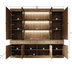 Ygo Vitrinekast CASTELLO 2 Glasdeuren / 3 Nissen B240 Lichte Eik| Vitrinekasten